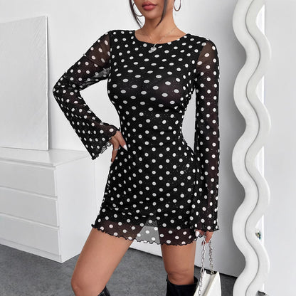 Elegant Mesh Polka Dot Backless Long Sleeve Dress