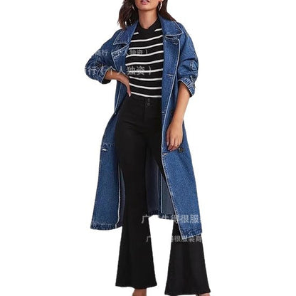 Womens Long Denim Trench Coat Oversized Vintage Jacket