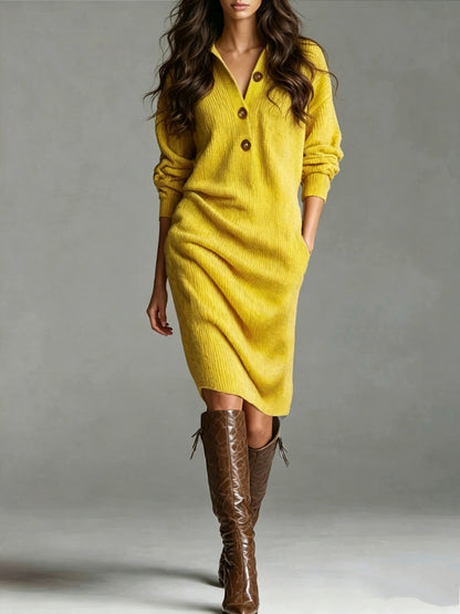 Polo Collar Button Front Midi Sweater Dress with Pockets