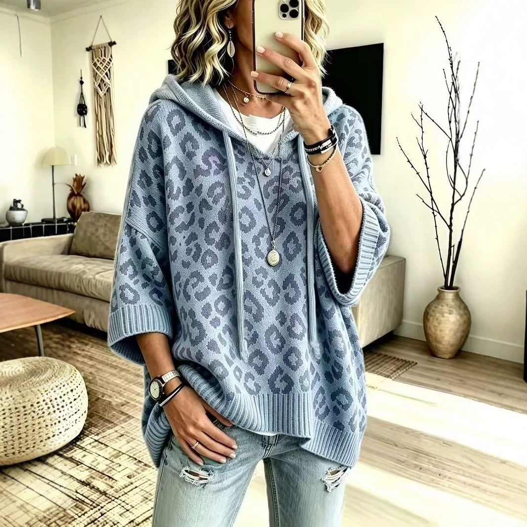 Oversized Leopard Print Hooded Knit Sweater Pullover