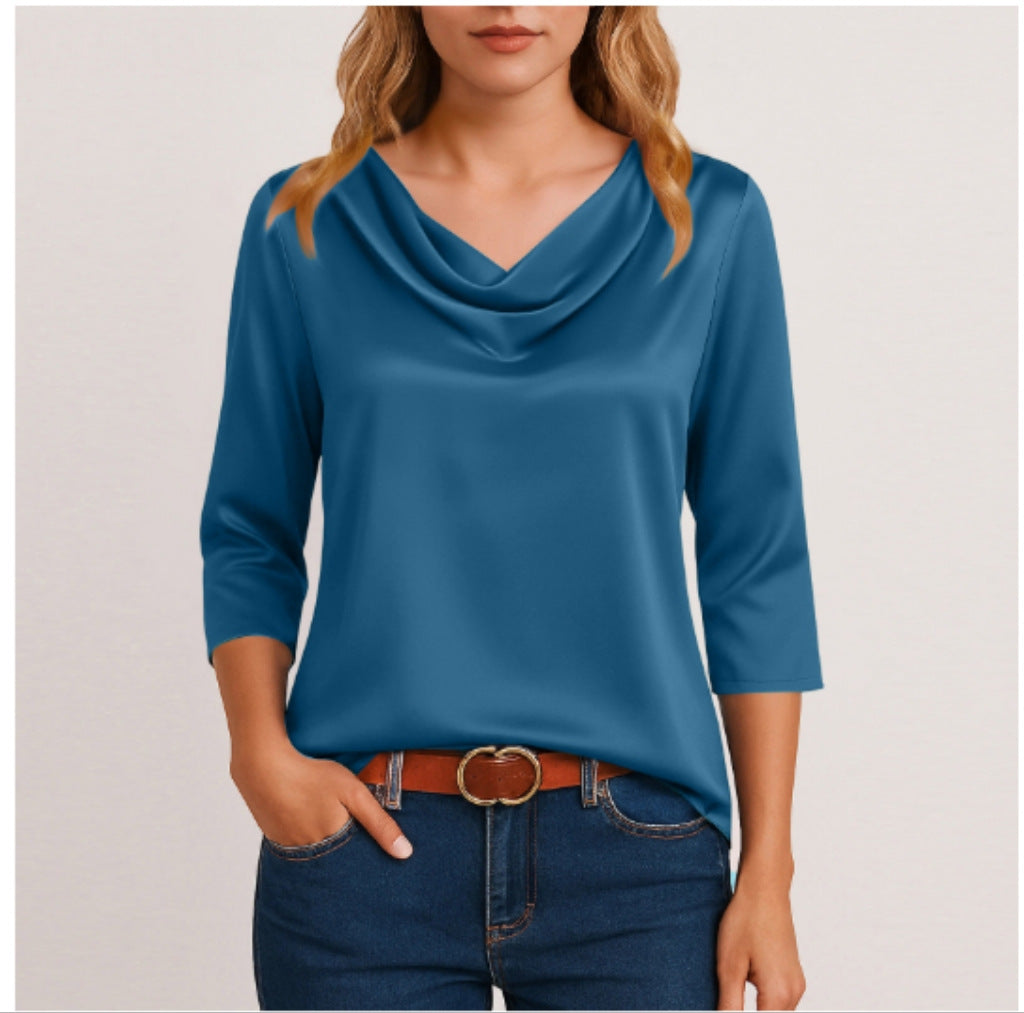 Women's Satin Cowl Neck Blouse 3/4 Sleeve Top