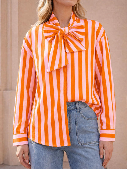 Women's Striped Tie Neck Long Sleeve Blouse Casual
