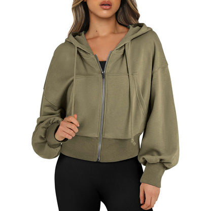 Women's Oversized Cropped Zip Up Hoodie Fleece Jacket