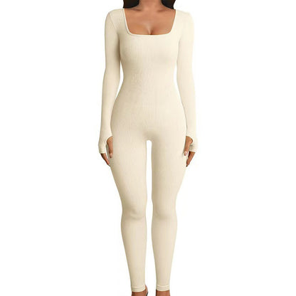 Womens Ribbed Square Neck Bodycon Long Sleeve Jumpsuit
