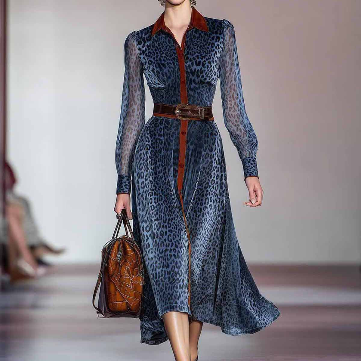 Blue Leopard Print Long Sleeve Shirt Midi Dress