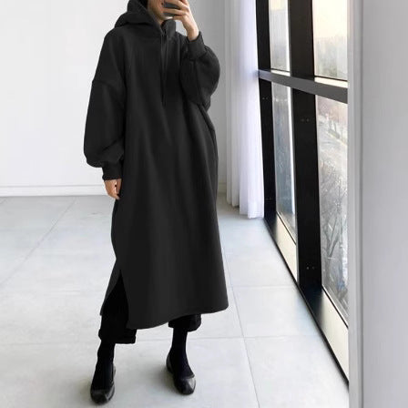 Oversized Fleece Maxi Hoodie Dress Side Slit Pullover