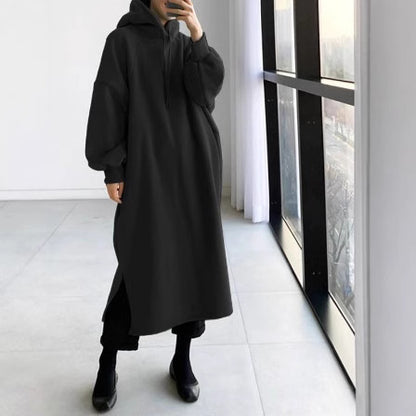Oversized Fleece Maxi Hoodie Dress Side Slit Pullover