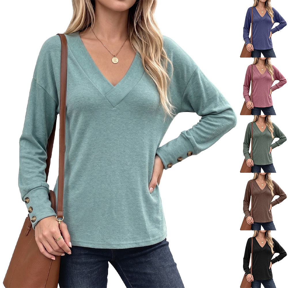 Womens Oversized V Neck Long Sleeve Button Cuff Top