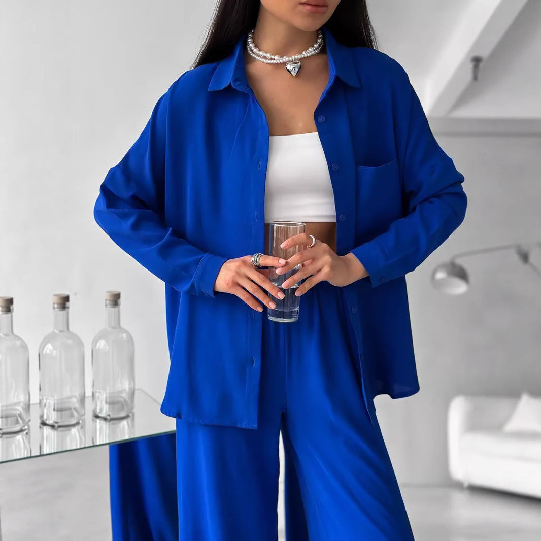 Two Piece Shirt Pants Set Wide Leg Casual Outfit