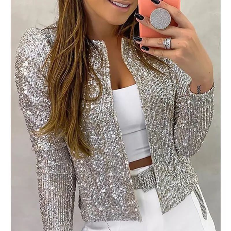 Women's Sequin Zip Up Cropped Jacket Stand Collar