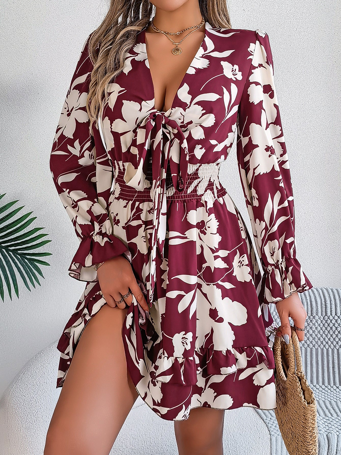 Floral V Neck Long Sleeve Ruffle Mini Dress
