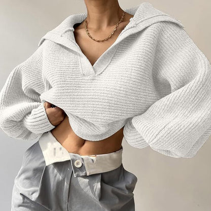Womens Collared V Neck Ribbed Knit Sweater