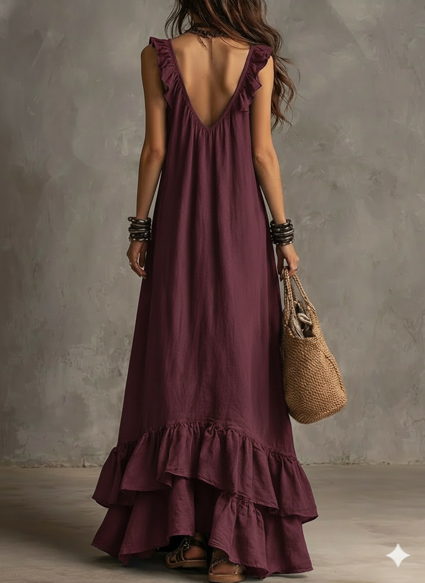 Women's Boho Ruffle V-Neck Sleeveless Maxi Dress