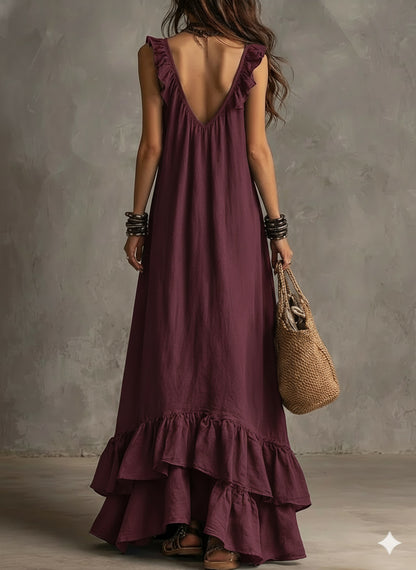 Women's Boho Ruffle V-Neck Sleeveless Maxi Dress