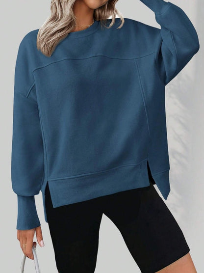 Colorblock Side Slit Sweatshirt Women Casual Pullover Top