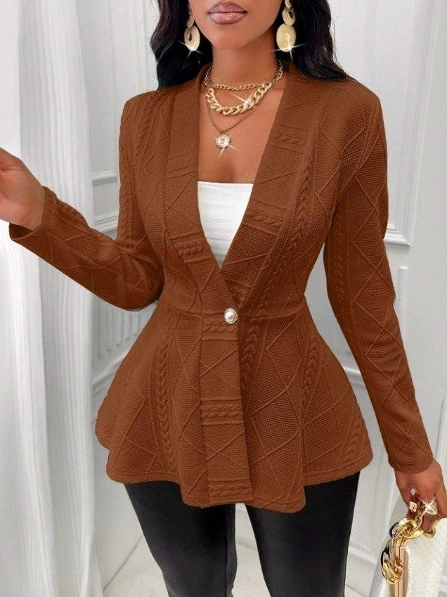 Women's Textured Peplum Blazer One Button Long Sleeve