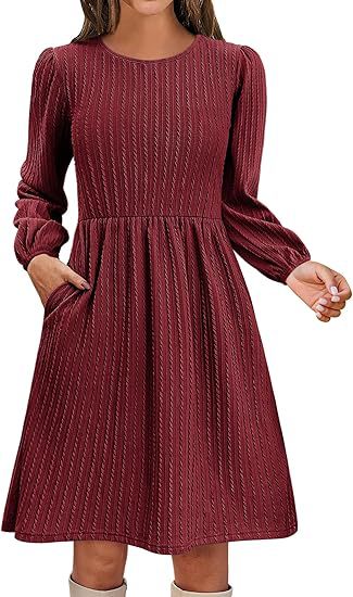 Fall Textured Knit Puff Sleeve A-Line Midi Dress
