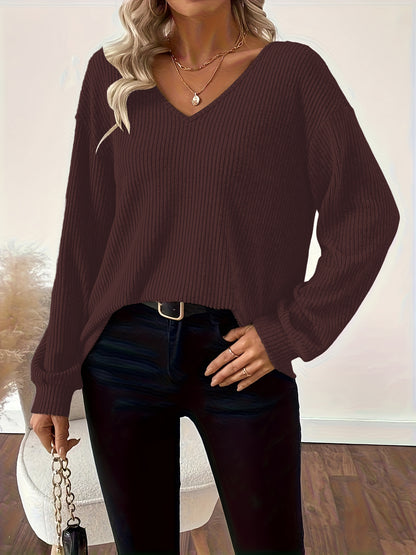 Women's V-Neck Bow Back Ribbed Long Sleeve Loose Fit Top