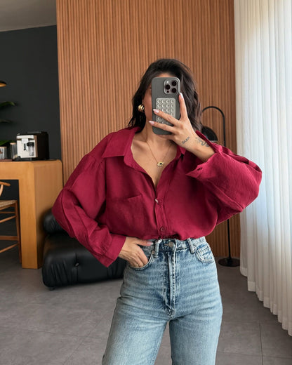 Women's Oversized Collared Pocket Button Down Shirt
