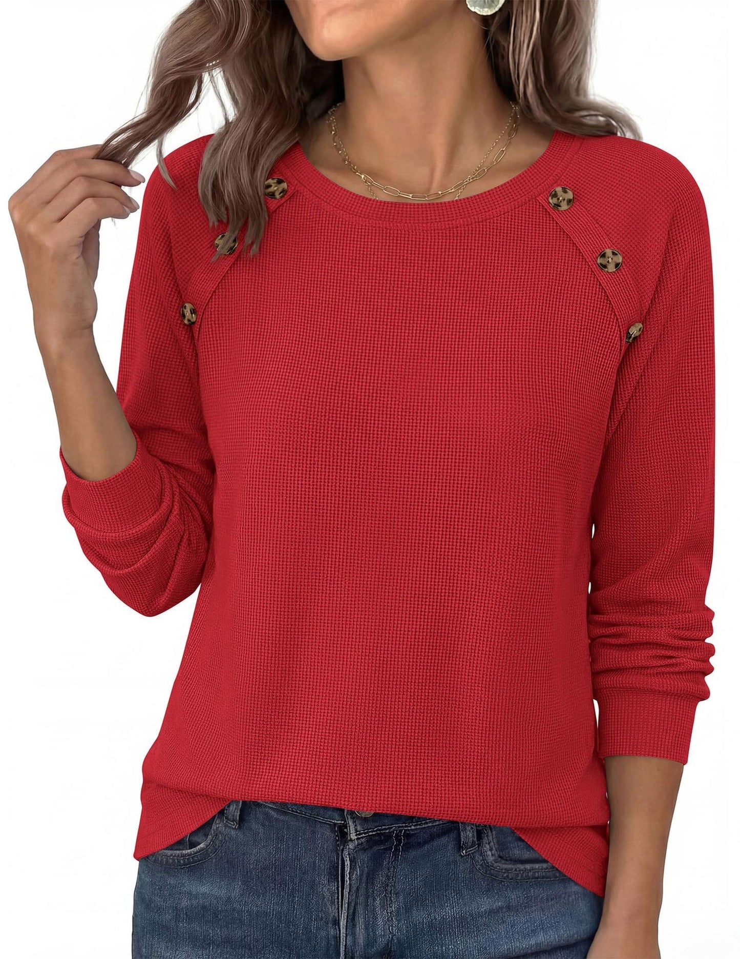 Waffle Knit Button Henley Top Crew Neck Long Sleeve Tee