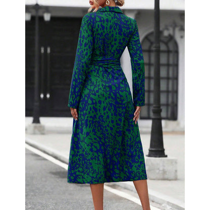 Women's Printed Long Sleeve Belted Midi Shirt Dress Slit