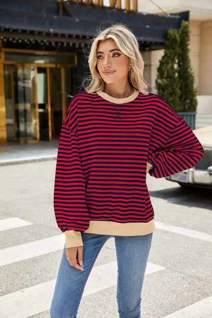 Striped Color Block Crew Neck Loose Fit Long Sleeve Sweatshirt