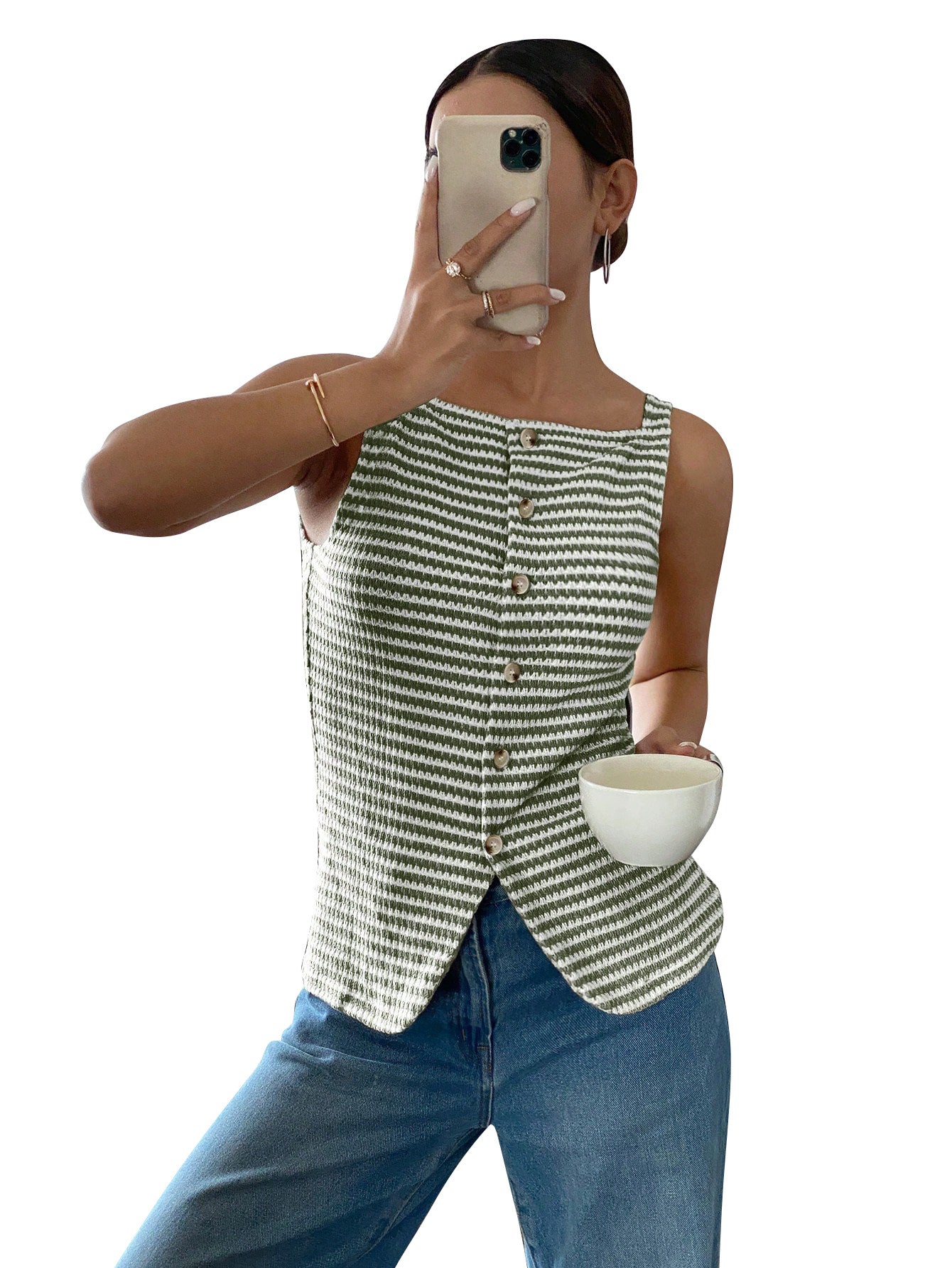 Women’s Striped Button Front Sleeveless Tank Top