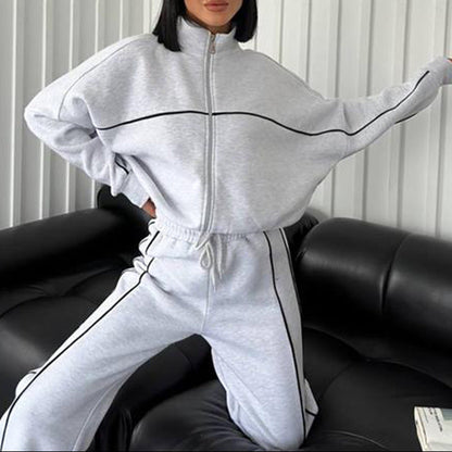 Womens Two Piece Striped Zip Up Sweatshirt Pants Set