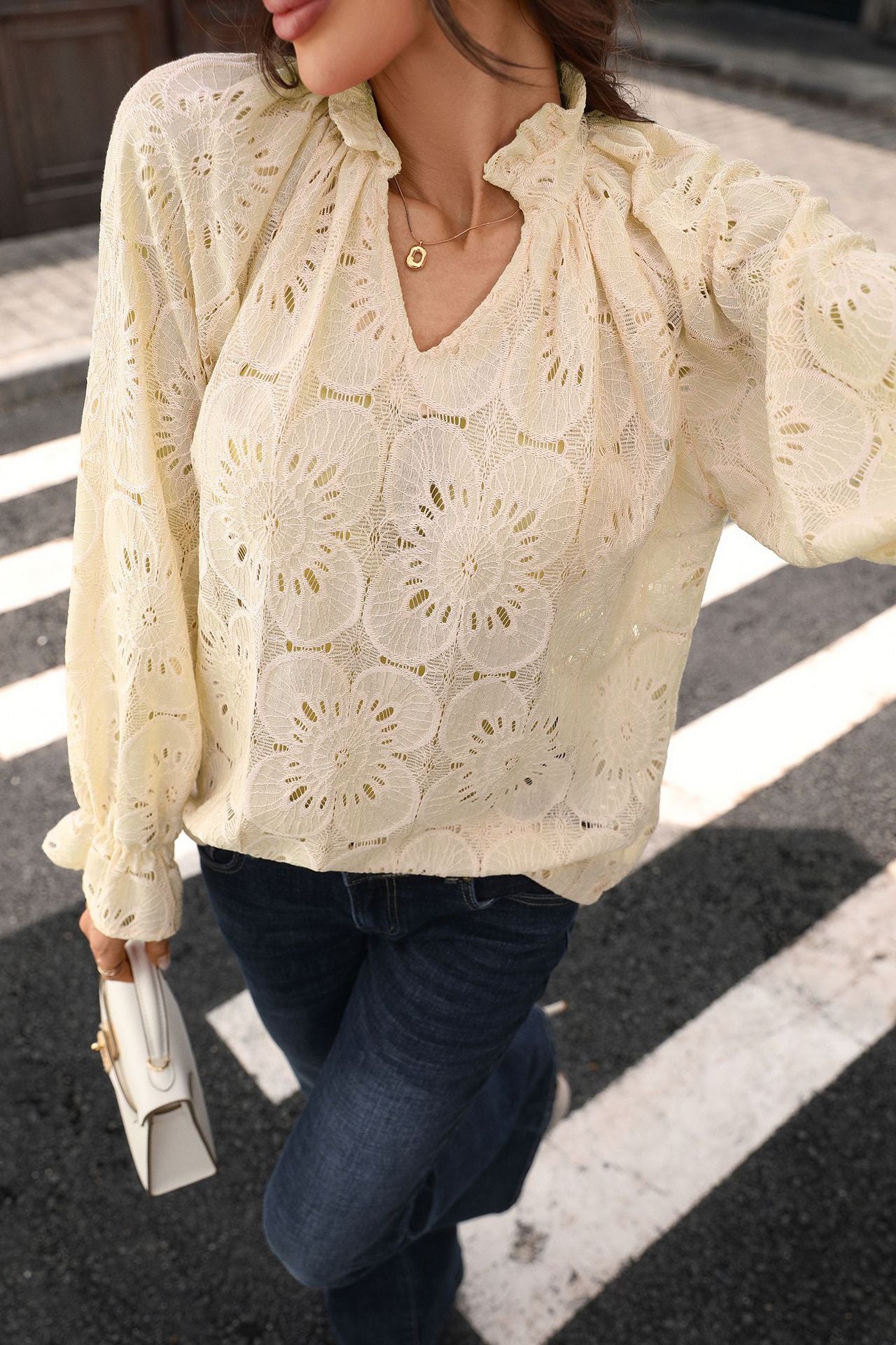 Eyelet Lace Blouse V Neck Puff Sleeve Top