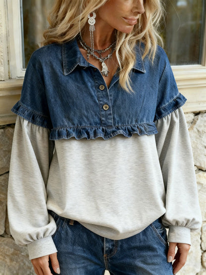 Oversized Patchwork Denim Sweatshirt Ruffle Collared Top