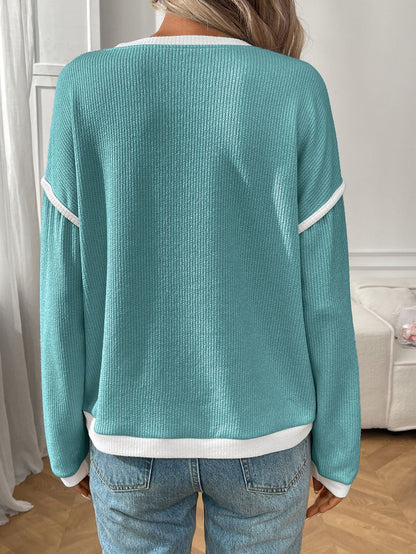 Contrast Trim Long Sleeve Waffle Knit Pullover