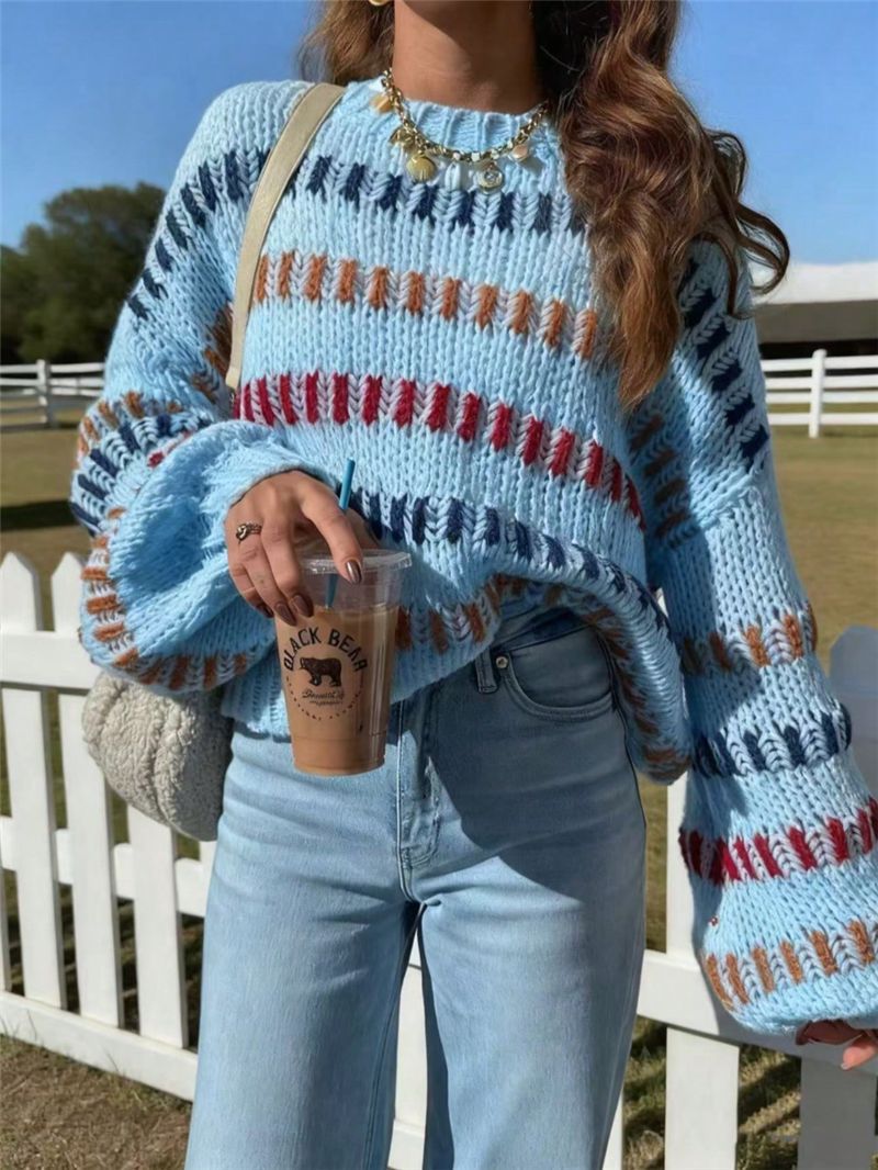 Oversized Chunky Knit Color Block Batwing Sweater