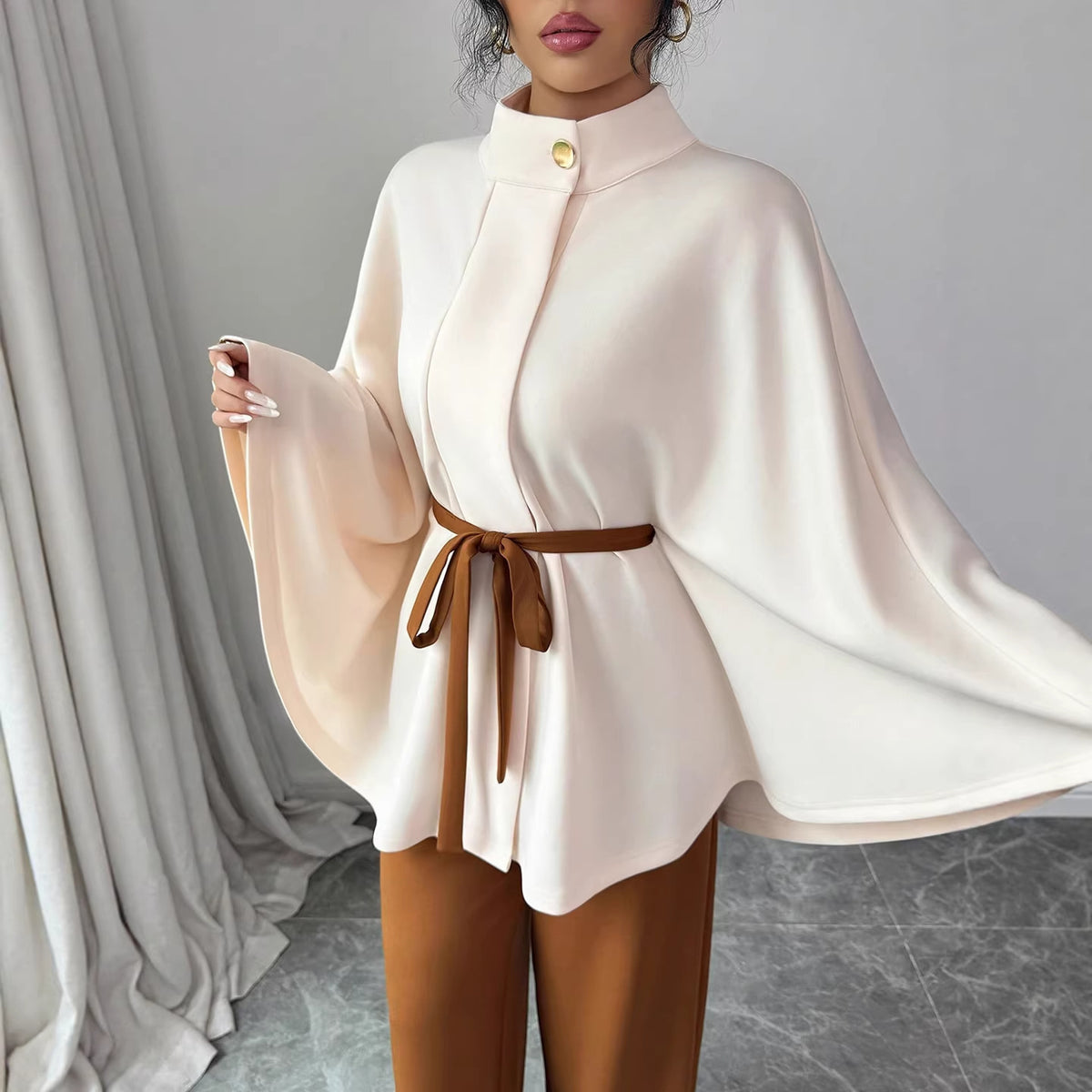 Elegant Belted Cape Top Wide Leg Pants Two Piece Set