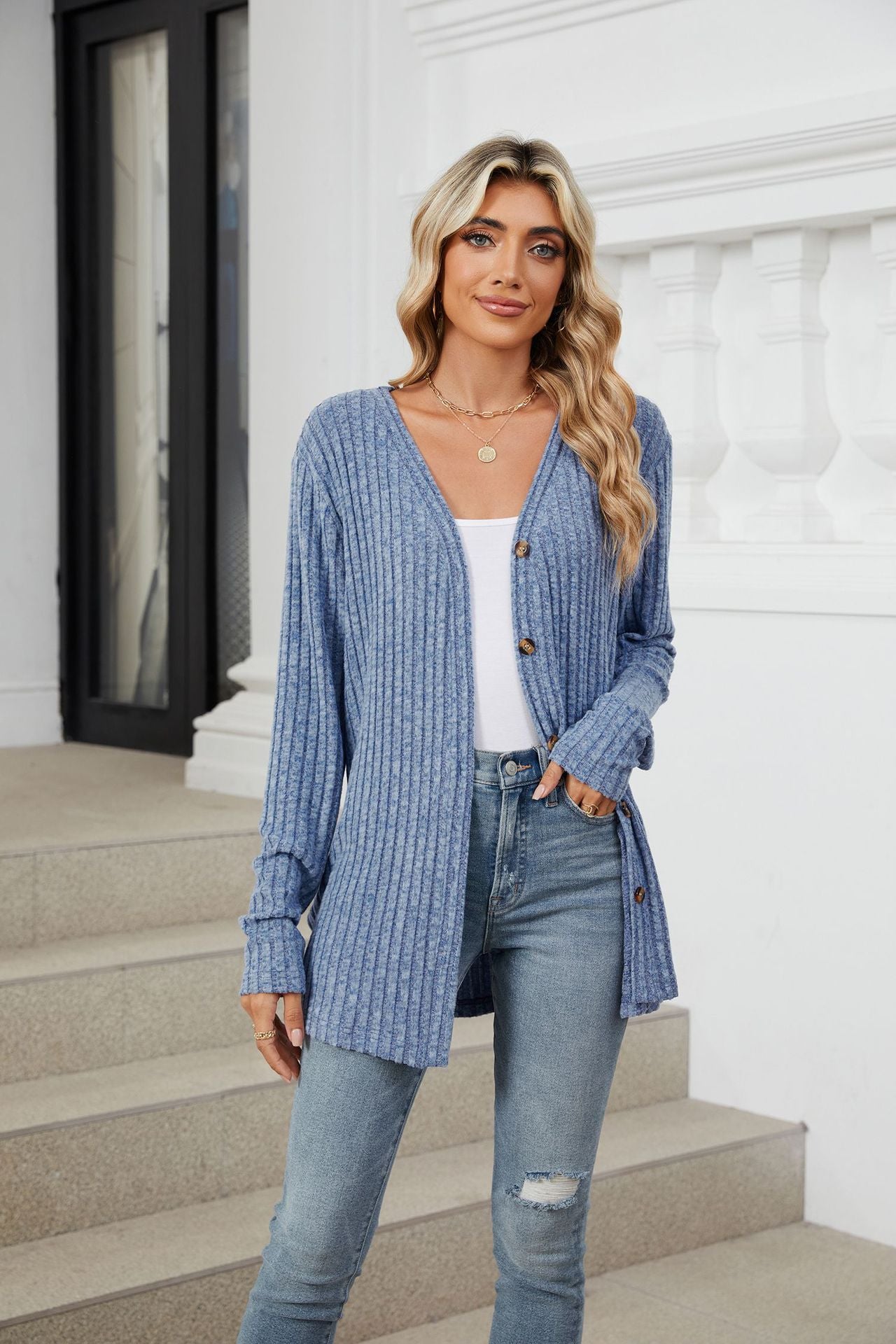 Soft Ribbed Button-Down Knit Cardigan for Fall & Winter