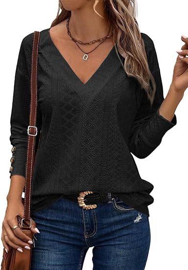 Women's Loose V-Neck Eyelet Long Sleeve Blouse Top