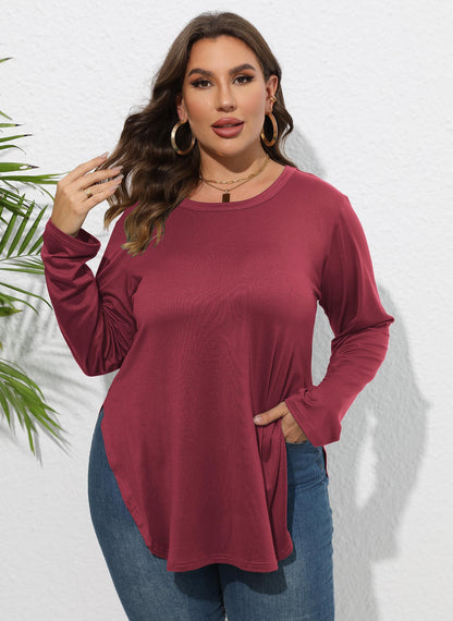 Women's Long-sleeved Solid Color Casual Irregular Slit T-shirt Base Layer