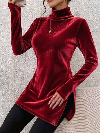 Women's Velvet Turtleneck Long Sleeve Side Slit Top
