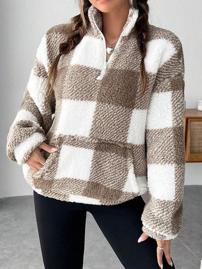 Womens Checkered Sherpa Quarter Zip Fleece Pullover