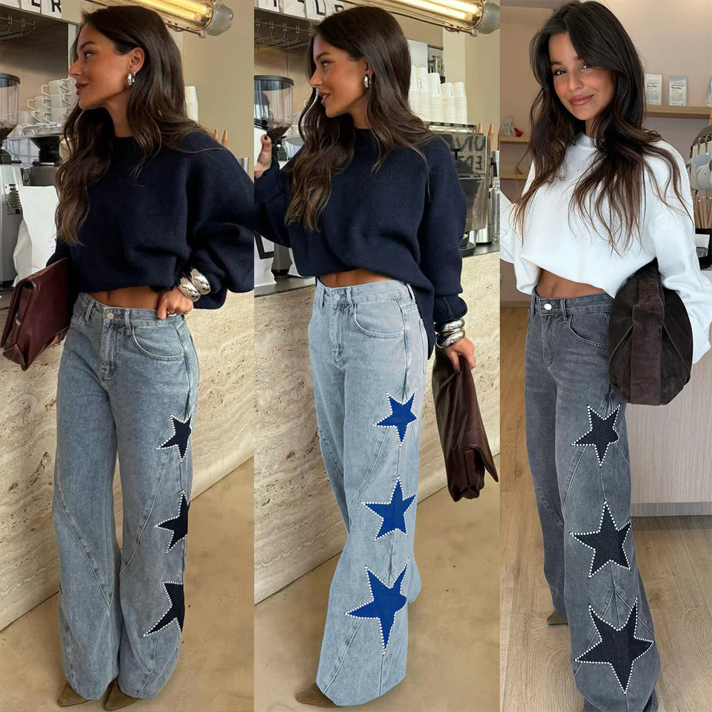 Womens Star Pearl Baggy Straight Leg Jeans