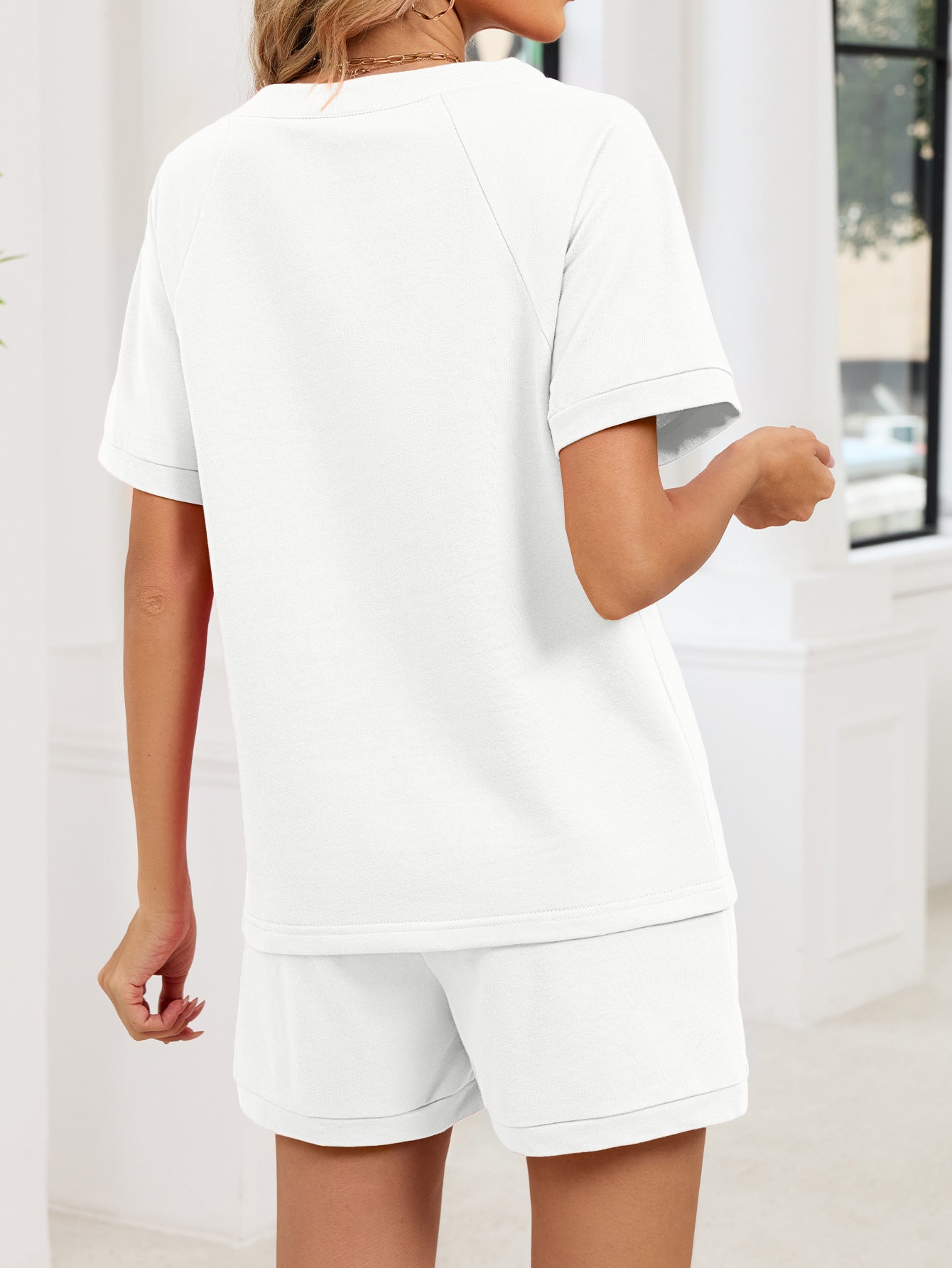 V Neck Short Sleeve Top and Drawstring Shorts Set