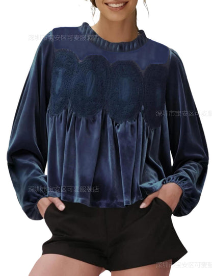 Velvet Ruffle Neck Lace Panel Long Sleeve Blouse Women