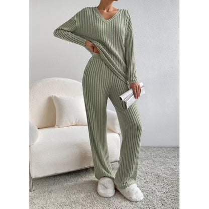 Ribbed Knit V-Neck Sweater Wide Leg Pants Set