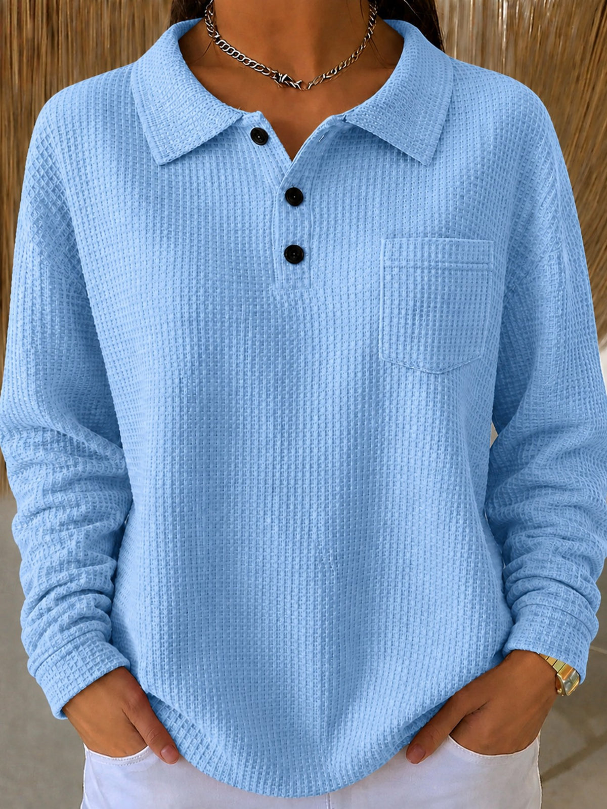 Women's Oversized Waffle Knit Collared Pocket Sweatshirt