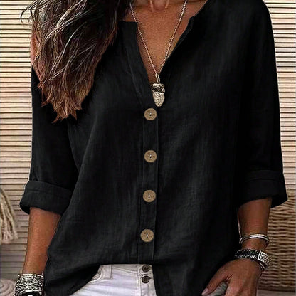 Women's V-Neck Button Front Relaxed Roll-Sleeve Blouse