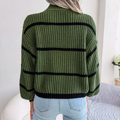 Women's Casual Striped Lantern Sleeve Semi-turtleneck Knitted Sweater