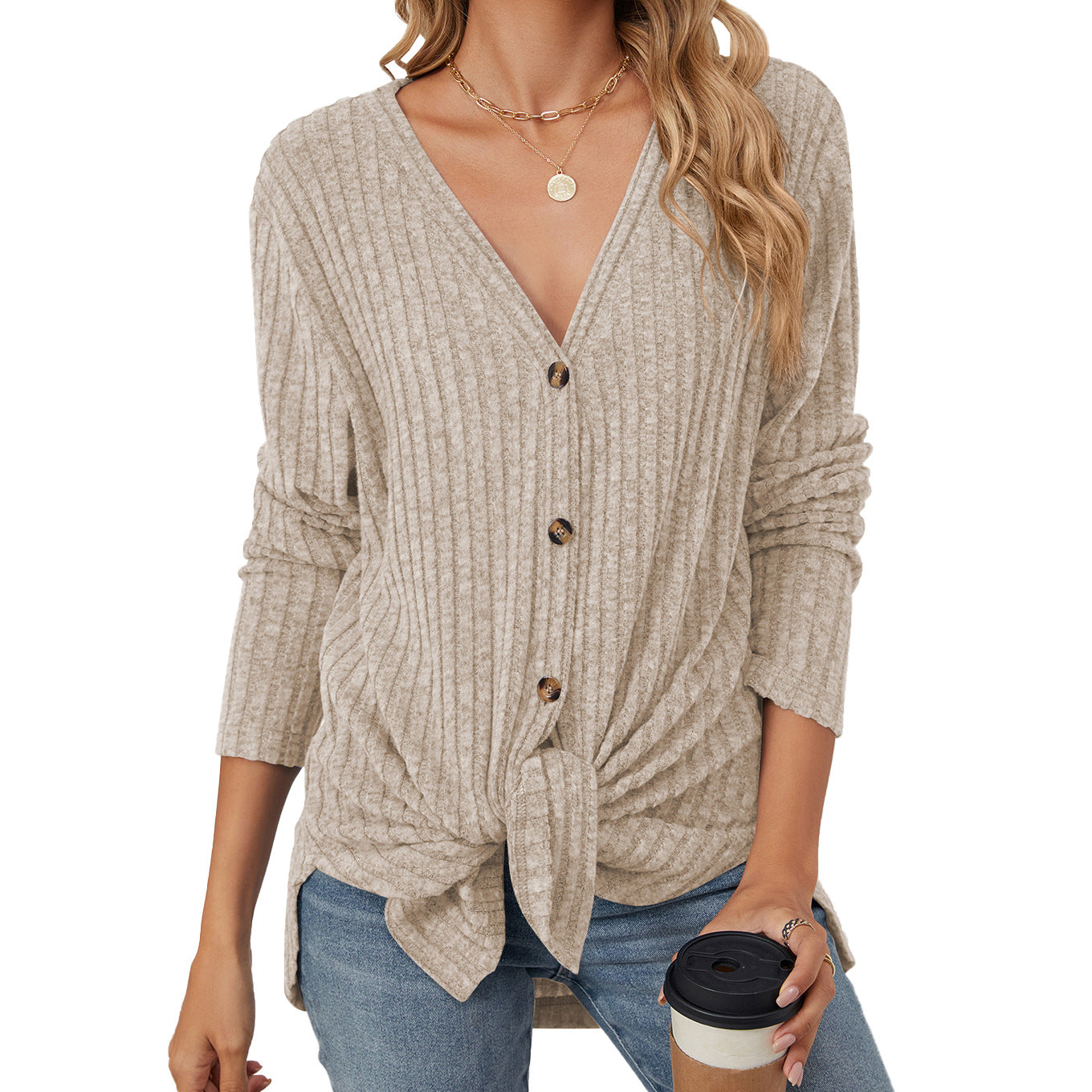 Womens V Neck Tie Front Button Up Long Sleeve Knit Cardigan