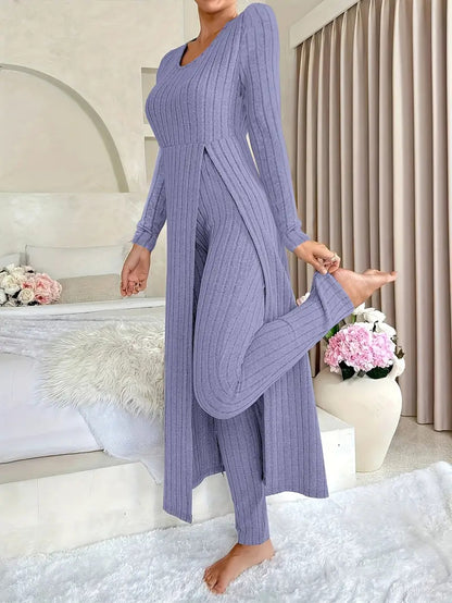 Ribbed Knit Side Slit Long Sleeve Pants Two Piece Set