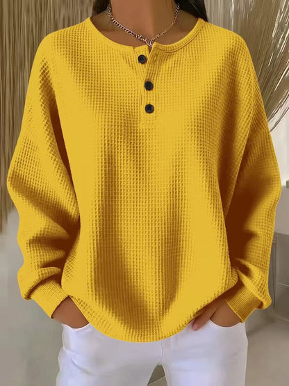 Women's Oversized Waffle Knit Henley Long Sleeve Top