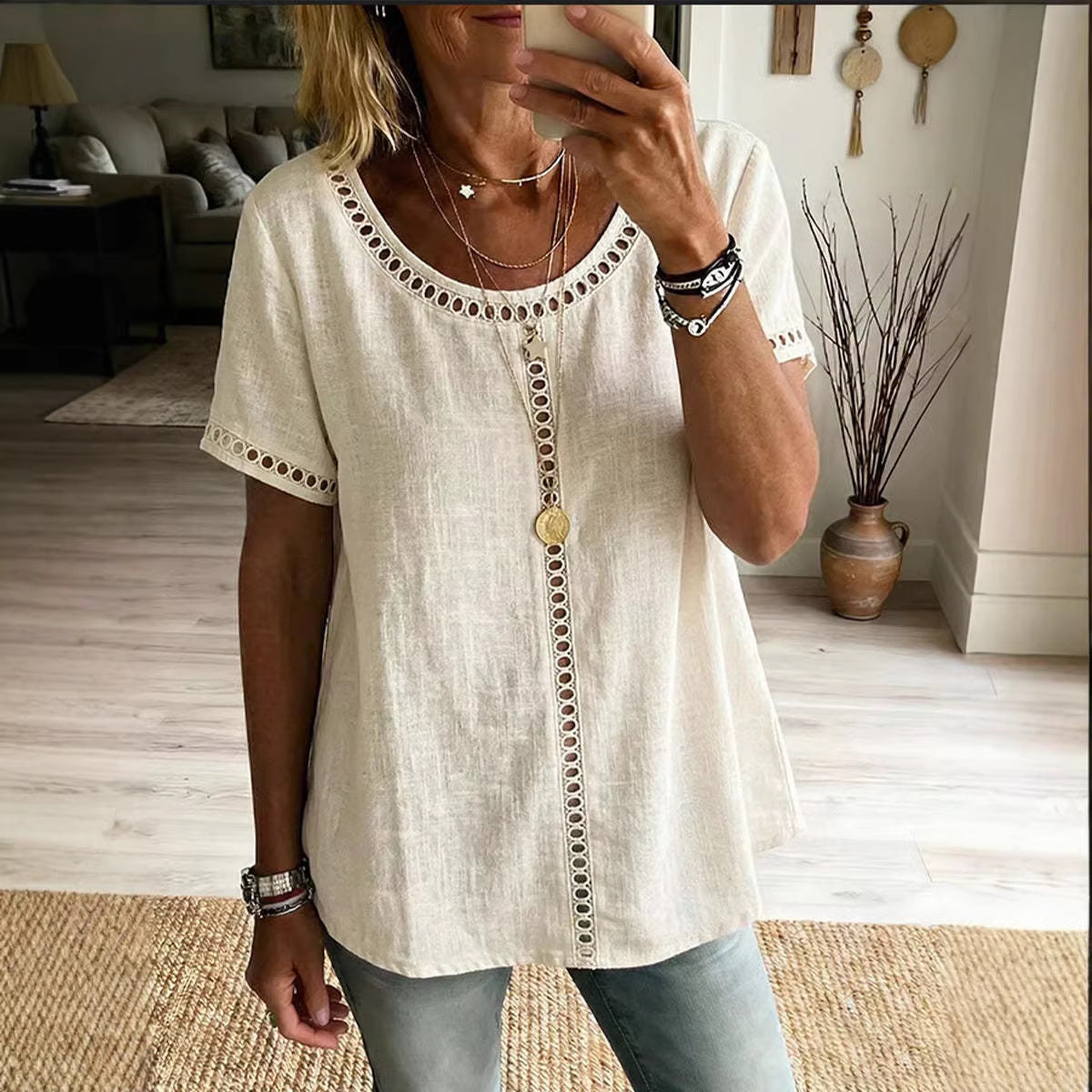 Cotton Blend Top Lace Trim Cutout Short Sleeve Shirt