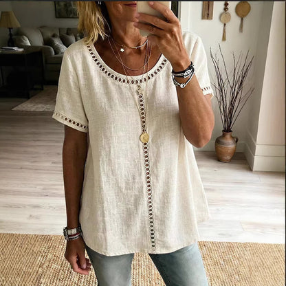 Cotton Blend Top Lace Trim Cutout Short Sleeve Shirt